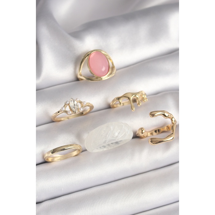 Pirinç Gold Renk Zirkon Taş Detaylı Pembe Mineli 6Lı Kadın Yüzük Seti -