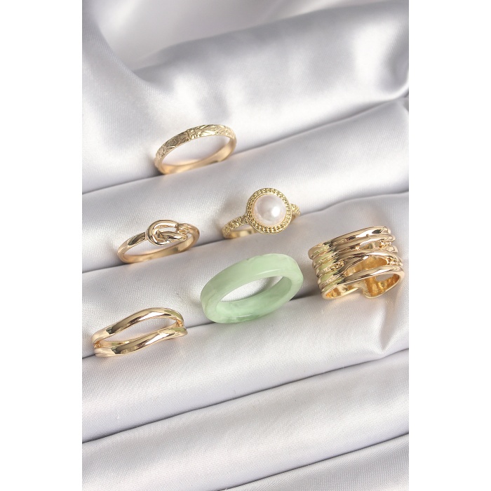 Pirinç Gold Renk Düğüm Model İncili İşlemeli Plaka Model 6Lı Kadın Yüzük Seti -