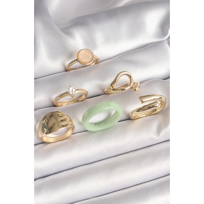 Pirinç Gold Renk Zirkon Taşlı Daire Pembe Mineli Detay 6Lı Kadın Yüzük Seti -