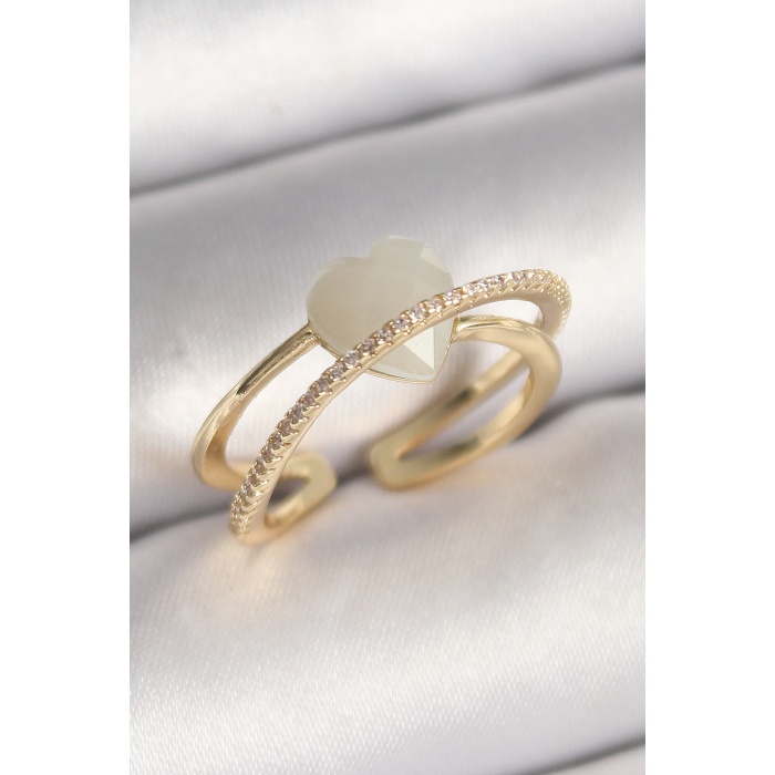 Pirinç Gold Renk Beyaz Kristal Kalp Model Zirkon Taş Detay Kadın Yüzük -