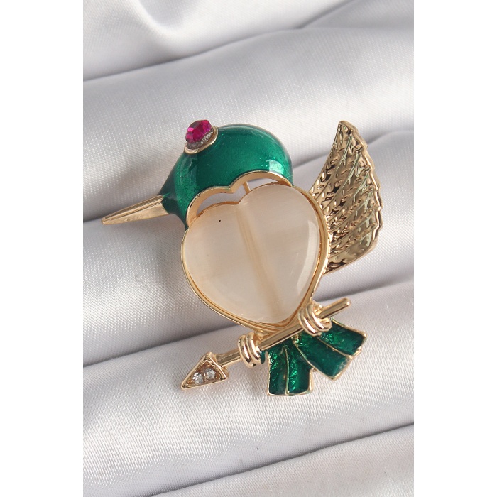 Pirinç Gold Renk Beyaz Mineli Kalp Yeşil Sinek Kuşu Model Pembe Zirkon Taş Detay Kadın Broş -
