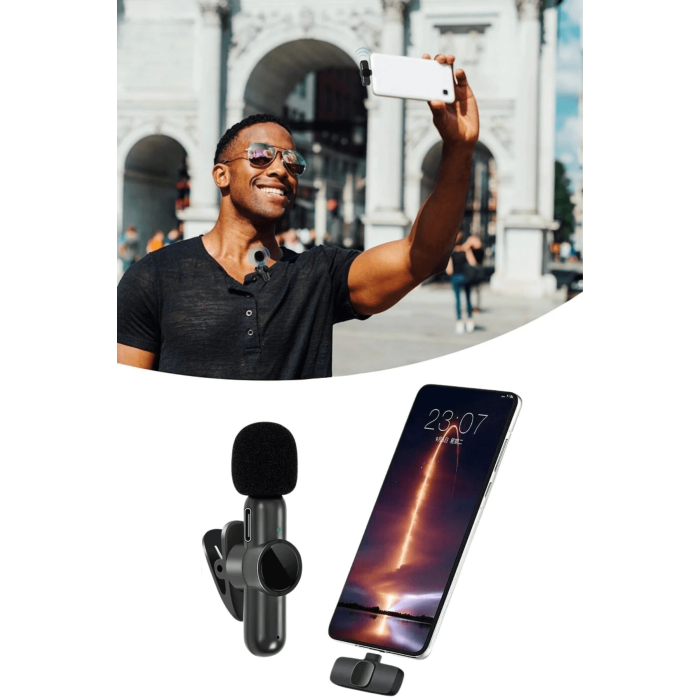 Type C Uyumlu İphone Dönüştürücülü Kablosuz Yaka Mikrofonu Android Ve İphone Uyumlu Mini Mikrofon ( Lisinya )