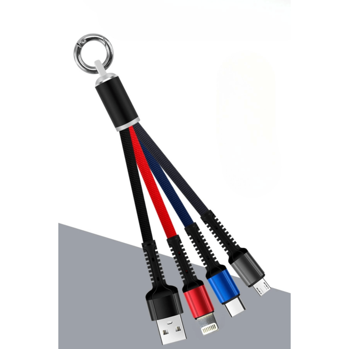 Işıklı Anahtarlık Model 3 İn 1 Usb Çıkışlı Mikro,type-c Ve İphone Uyumlu Şarj Kablosu ( Lisinya )