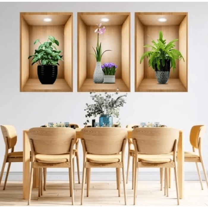 Pratik 3d Çiçek Vazo Duvar Sticker 3 Lü Set Kahverengi Fon ( Lisinya )