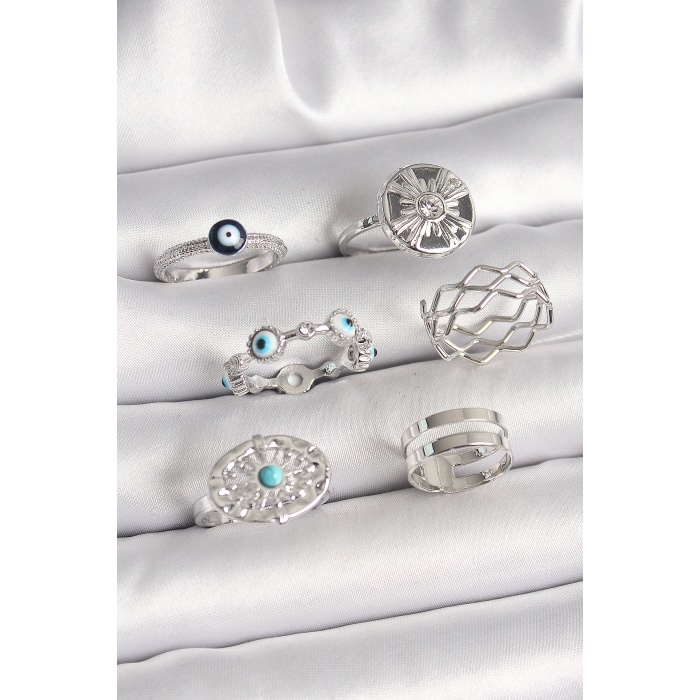 Pirinç Gümüş Renk Nazar Boncuk Zirkon Taş Detaylı Dalga Figür Kadın Yüzük Kombini -