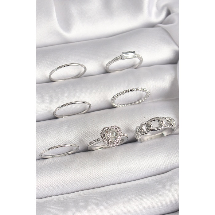 Pirinç Gümüş Renk Zirkon Taşlı Kalp Model Kadın Yüzük Kombini -