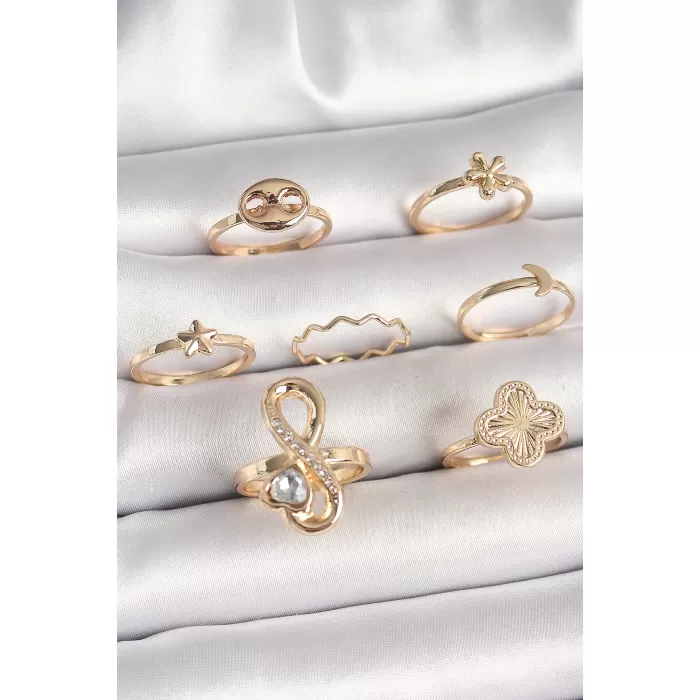 Pirinç Gold Renk Zirkon Taşlı Sonsuzluk Figür Yıldız Detay Kadın Yüzük Kombini