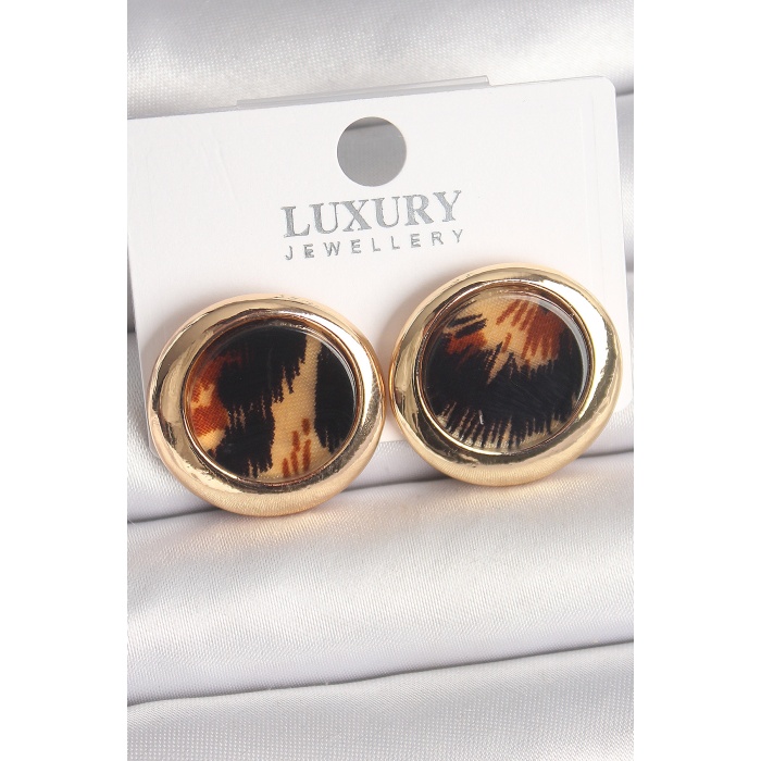 Pirinç Gold Renk Leopar Desen Daire Model Kadın Küpe -