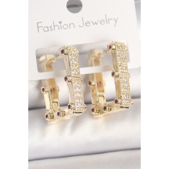 Pirinç Gold Renk Kare Zirkon Taşlı Kadın Küpe -