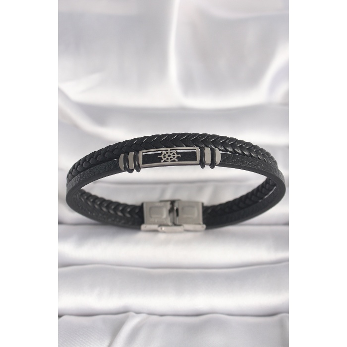 316L Çelik Gümüş Renk Gemi Dümeni Figür Siyah Burgu Deri Kordon Model Erkek Bileklik -