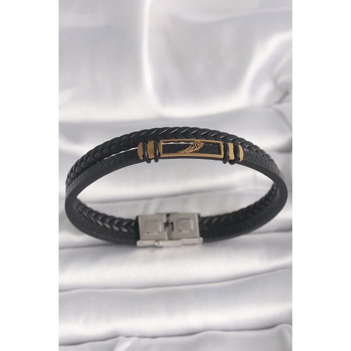 316L Çelik Gold Renk Kanat Aksesuarlı Siyah Burgu Model Deri Kordon Erkek Bileklik -