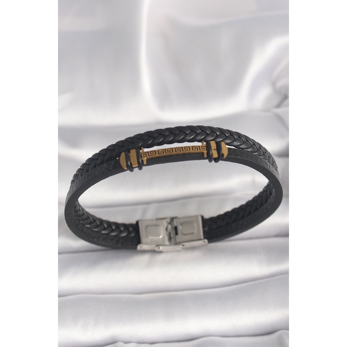 316L Çelik Gold Renk ZikZak İşlemeli Aksesuarlı Çift Sıra Burgu Desenli Deri Kordon Erkek Bileklik -
