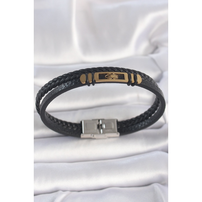 316L Çelik Gold Renk Örümcek Figür Çift Sıra Burgu Desenli Deri Kordon Erkek Bileklik -