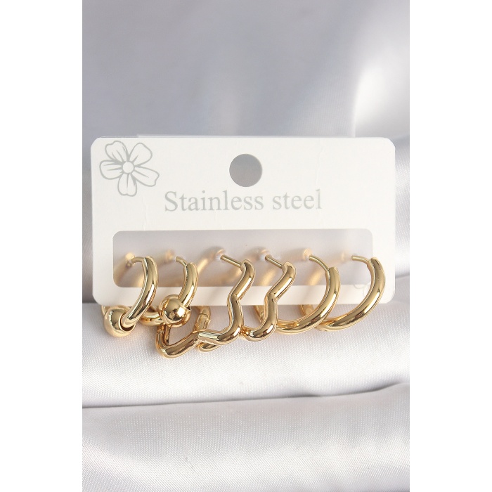 316L Çelik Gold Renk Yıldız Halka Model Kadın Küpe Seti -