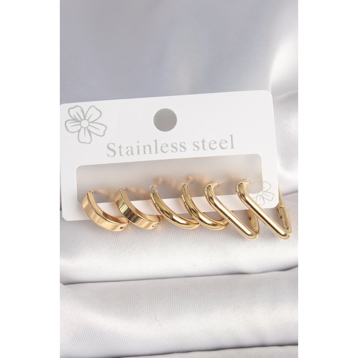 316L Çelik Gold Renk Üçgen Halka Model Kadın Küpe Seti -