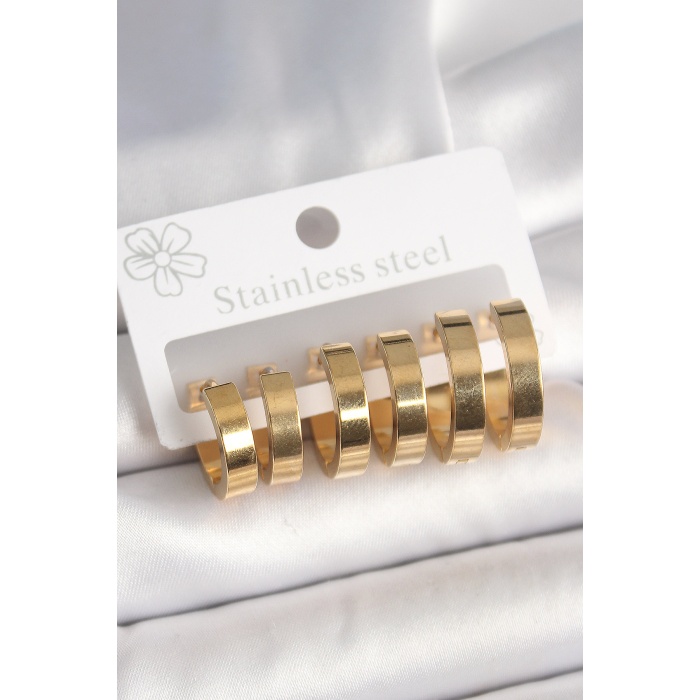 316L Çelik Gold Renk Halka Model Kadın Küpe Seti -