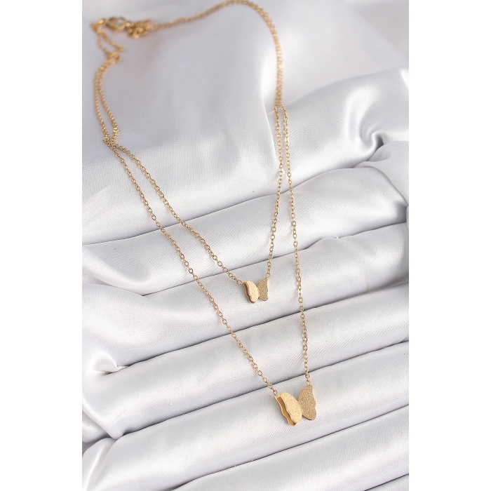 316L Çelik Gold Renk 2Li Simli Kelebek Model Kadın Kolye -