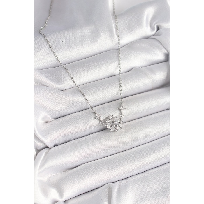 316L Çelik Gümüş Renk Zirkon Taşlı Hilal Kalp Model Kadın Kolye -