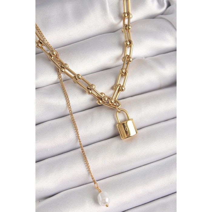 316L Çelik Gold Renk Tifany Zincir Model Kilit Figür Sallantı İnci Detay Kadın Kolye -