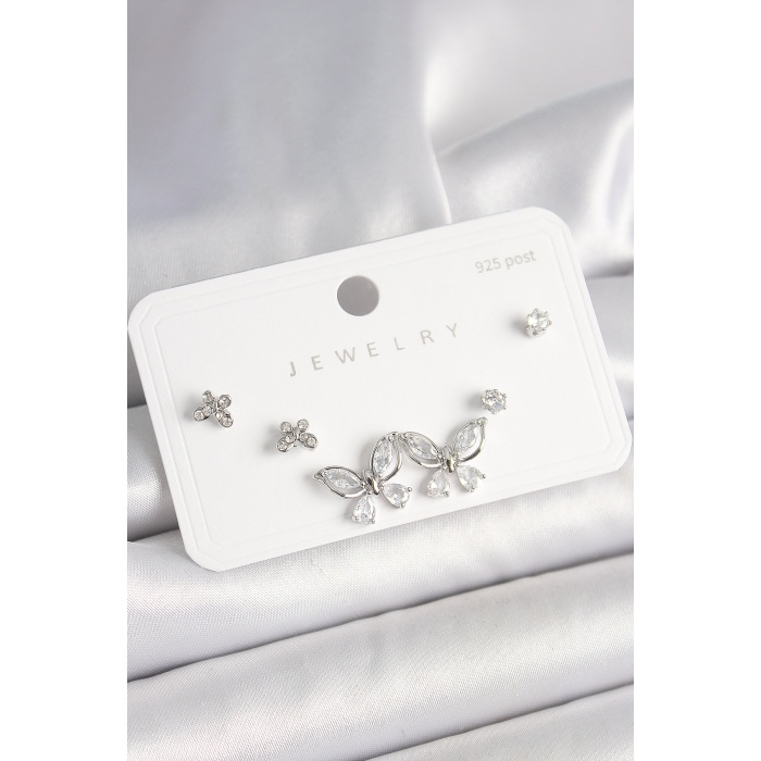 925 Ayar Gümüş Çivi Pirinç Gümüş Renk Zirkon Taşlı Kelebek Model Kadın Küpe Seti -