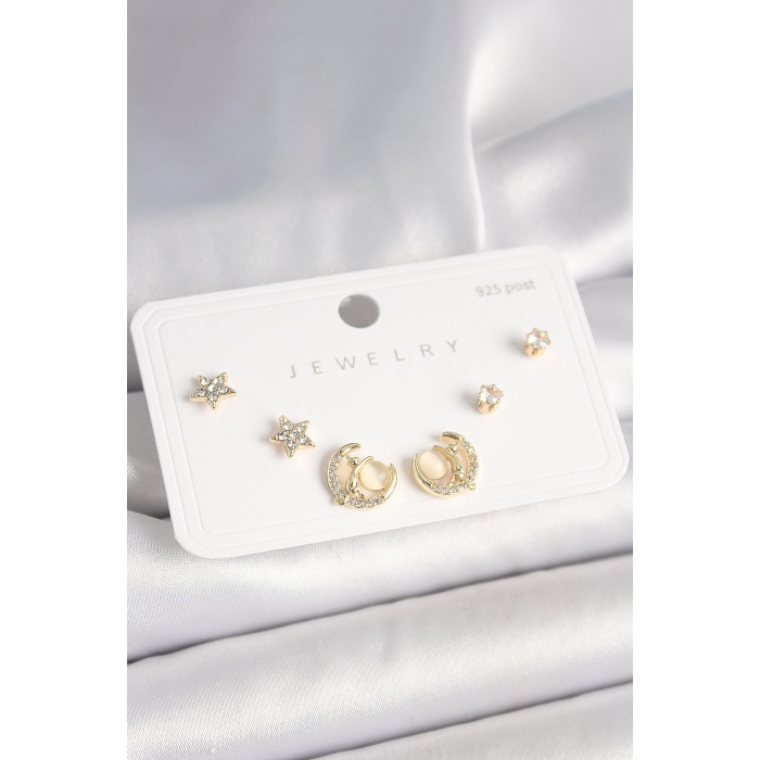 925 Ayar Gümüş Çivi Zirkon Taşlı Hilal Yıldız Model Kadın Küpe Seti -