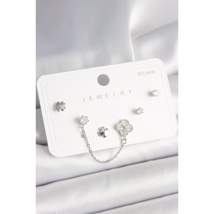 925 Ayar Gümüş Çivi Pirinç Gümüş Renk Zirkon Taşlı Yonca Model Sallantı Zincir Detay Kadın Küpe Seti -