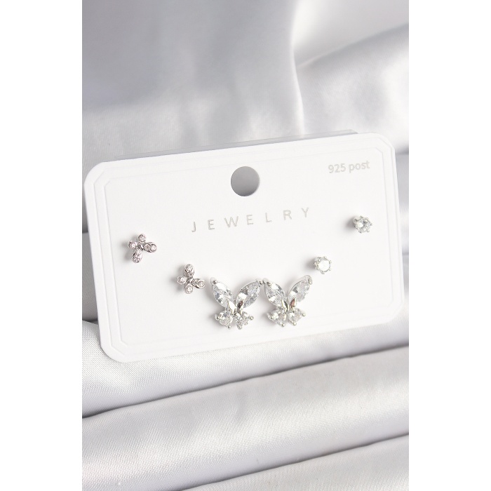 925 Ayar Gümüş Çivi Pirinç Zirkon Taşlı Kelebek Model Kadın Küpe Seti -