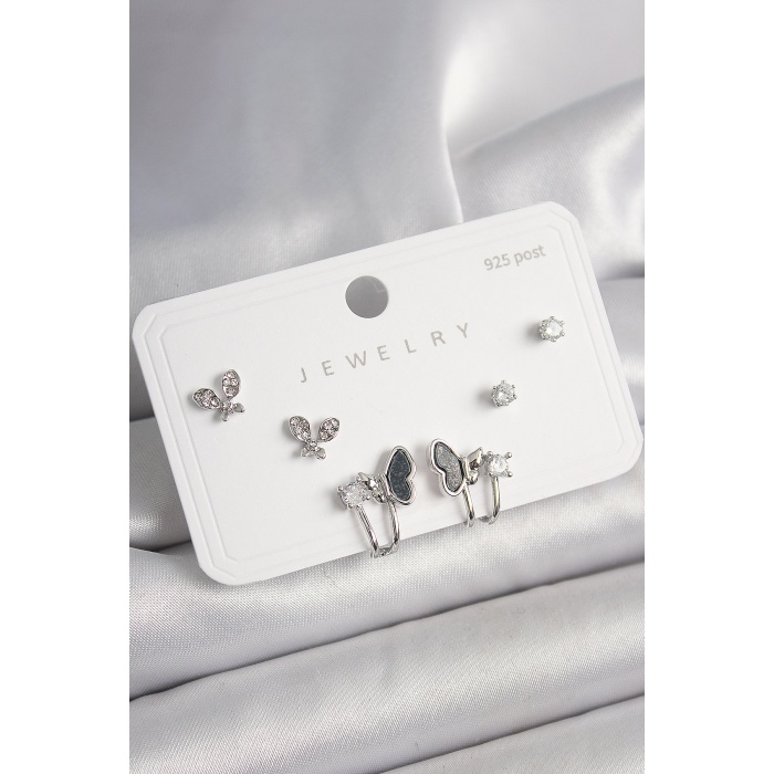 925 Ayar Gümüş Çivi Pirinç Gümüş Renk Zirkon Taşlı Kelebek Model Kadın Küpe Seti -