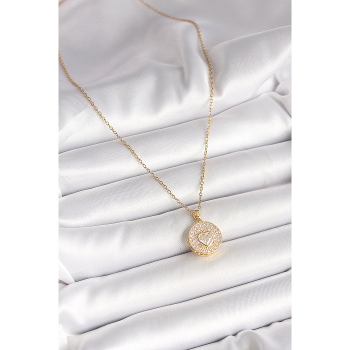 316L Çelik Gold Renk Zincir Madalyon Zirkon Taşlı Kalp Model Kadın Kolye -