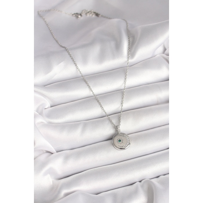 316L Çelik Gümüş Renk Zincir Madalyon Zirkon Taşlı İşlemeli Hilal Yıldız Model Kadın Kolye -