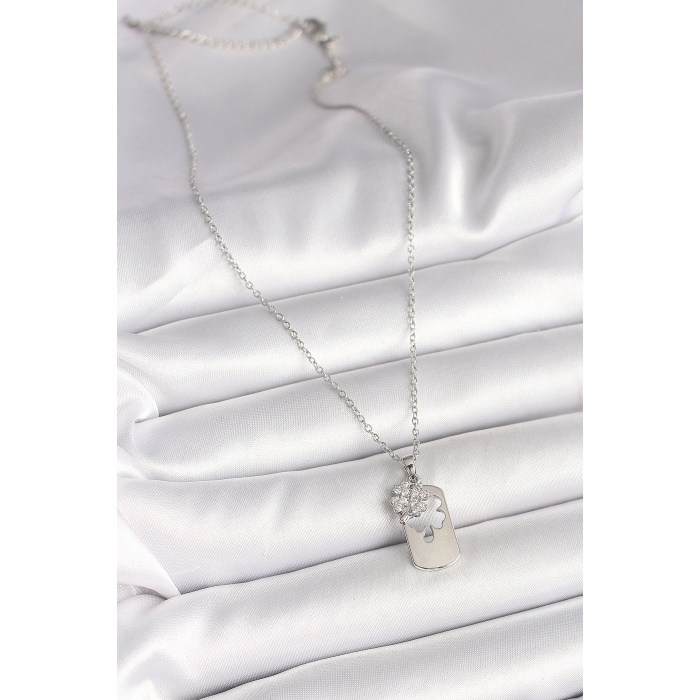 316L Çelik Gümüş Renk Zincir Zirkon Taşlı Yonca Model Kadın Kolye -