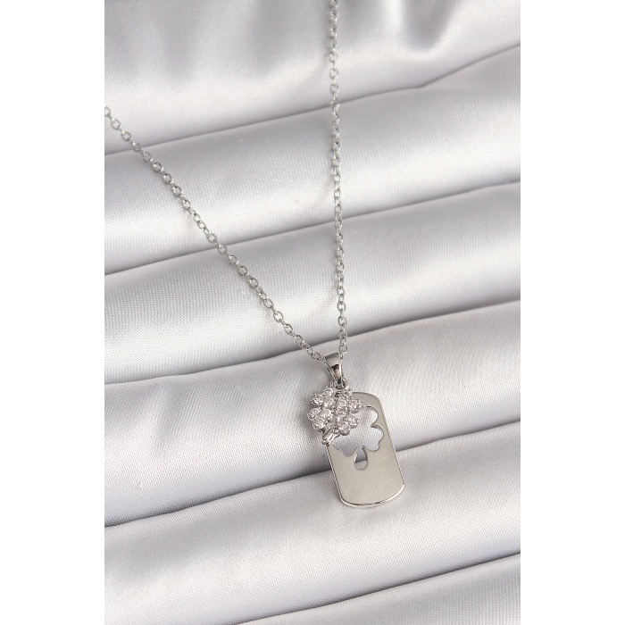 316L Çelik Gümüş Renk Zincir Zirkon Taşlı Yonca Model Kadın Kolye -