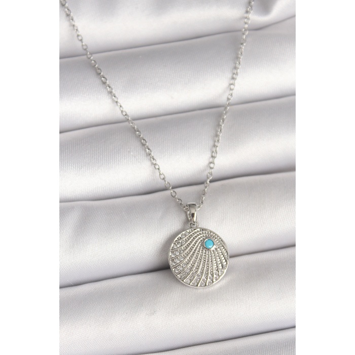 316L Çelik Gümüş Renk Zincir Zirkon Taşlı Mavi Taş Detaylı Madalyon Model Kadın Kolye -