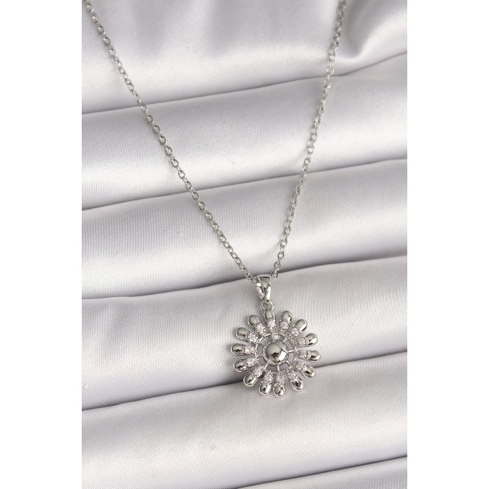 316L Çelik Gümüş Renk Zincir Zirkon Taşlı Güneş Model Kadın Kolye -