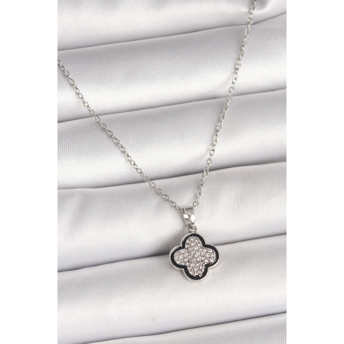 316L Çelik Gümüş Renk Zincir Zirkon Taşlı Yonca Model Kadın Kolye -