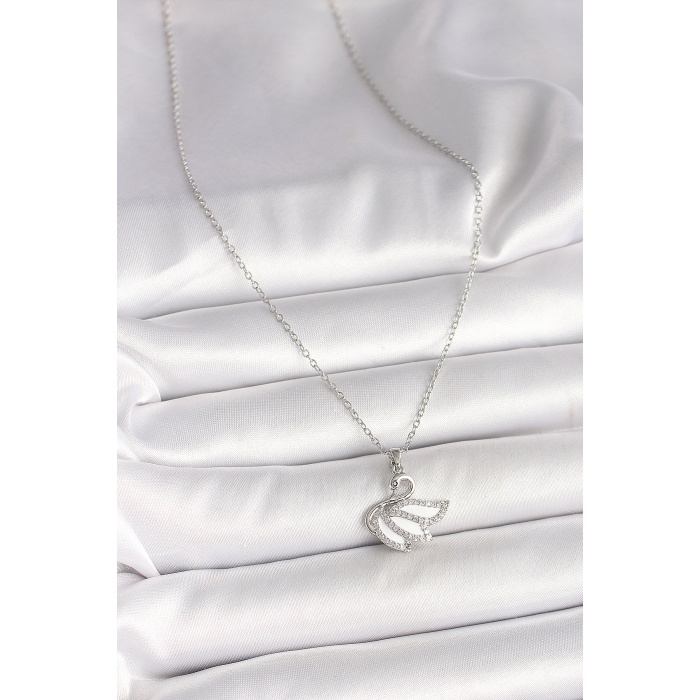 316L Çelik Gümüş Renk Zincir Zirkon Taşlı Kuğu Model Kadın Kolye -