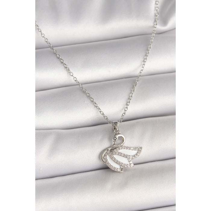 316L Çelik Gümüş Renk Zincir Zirkon Taşlı Kuğu Model Kadın Kolye -