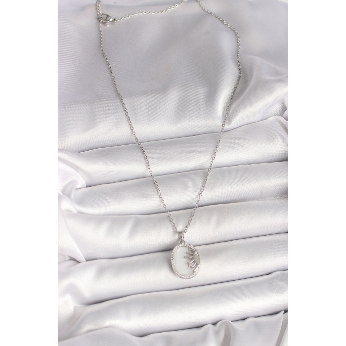 316L Çelik Gümüş Renk Zincir Beyaz Mineli Gün Batımı Model Zirkon Taş Detaylı Kadın Kolye -