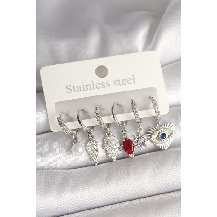 Pirinç Gümüş Renk Zirkon Taşlı Fatma Ana El Figür Kadın Küpe Seti -