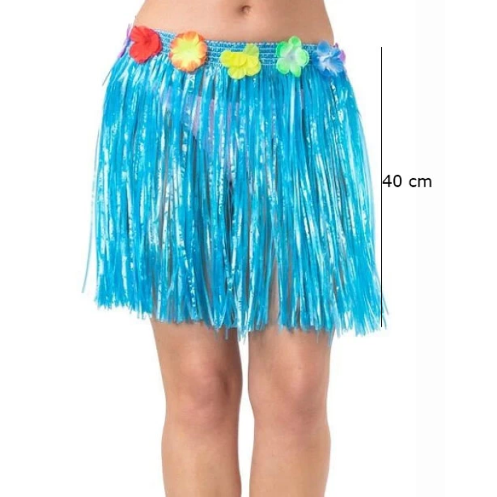 Yetişkin Ve Çocuk Uyumlu Mavi Renk Püsküllü Hawaii Luau Hula Etek 40 Cm - Lisinya