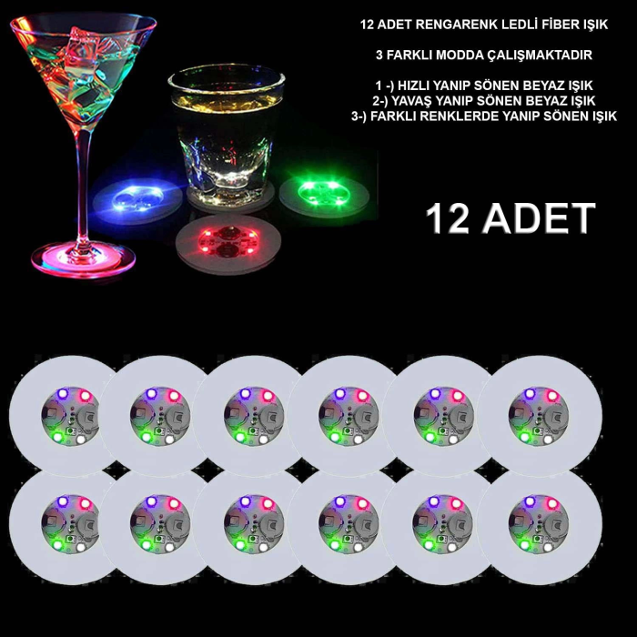 Renkli Led Işıklı Bardak Altlığı - Dekoratif (12 Adet, Pilli) - Lisinya