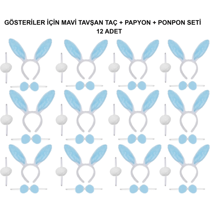 Mavi Tavşan Kostüm Seti – Taç, Papyon, Ponpon (12’li Paket) - Lisinya