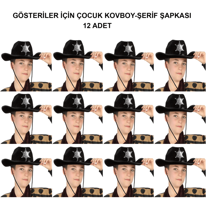 Kovboy Şerif Şapkası Siyah 12 Adet - Kostüm, Parti Ve Gösteri Şapkası - Lisinya