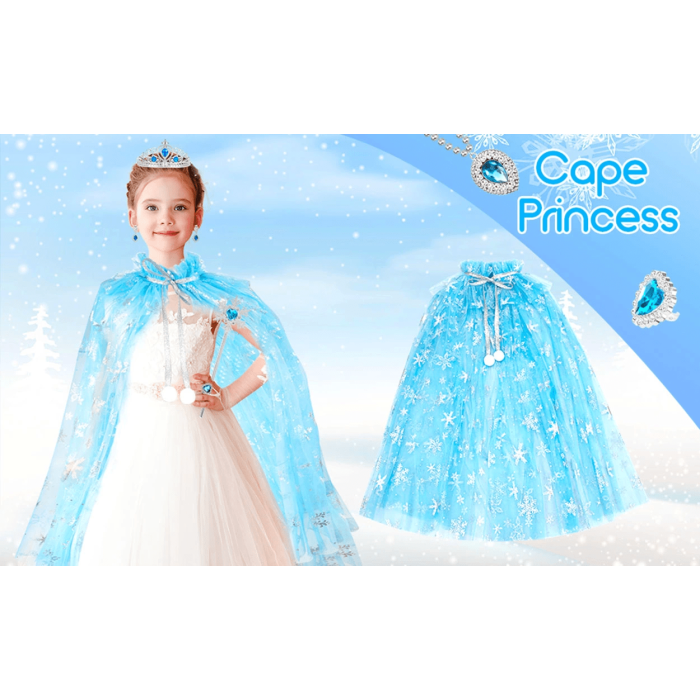 Karlar Ülkesi Elsa Frozen Mavi Pelerin – 80 Cm Kar Desenli Çocuk Pelerini ( Taç Hariç ) - Lisinya