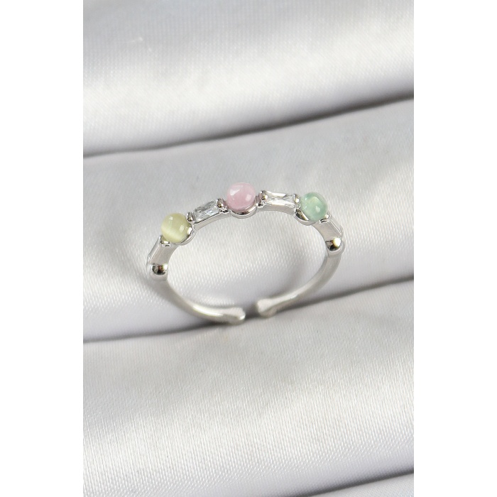 Pirinç Sıralı Boncuk Figürlü Zirkon Taşlı Gümüş Renk Ayarlanabilir Kadın Yüzük -