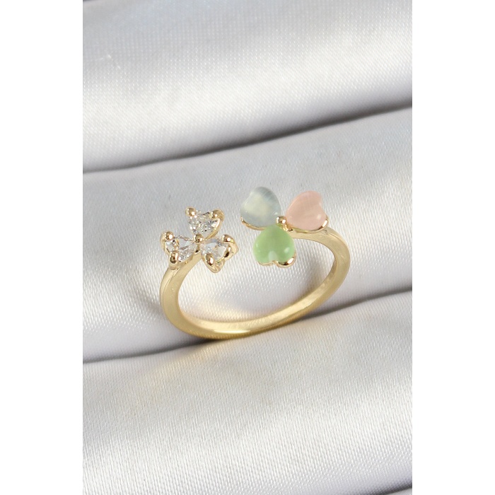 Pirinç Kalp Figürlü Zirkon Taşlı Gold Renk Ayarlanabilir Kadın Yüzük -