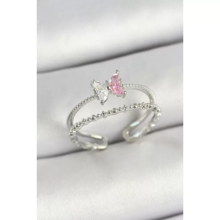 Pirinç Kelebek Figürlü Zirkon Taşlı Gümüş Renk Ayarlanabilir Kadın Yüzük