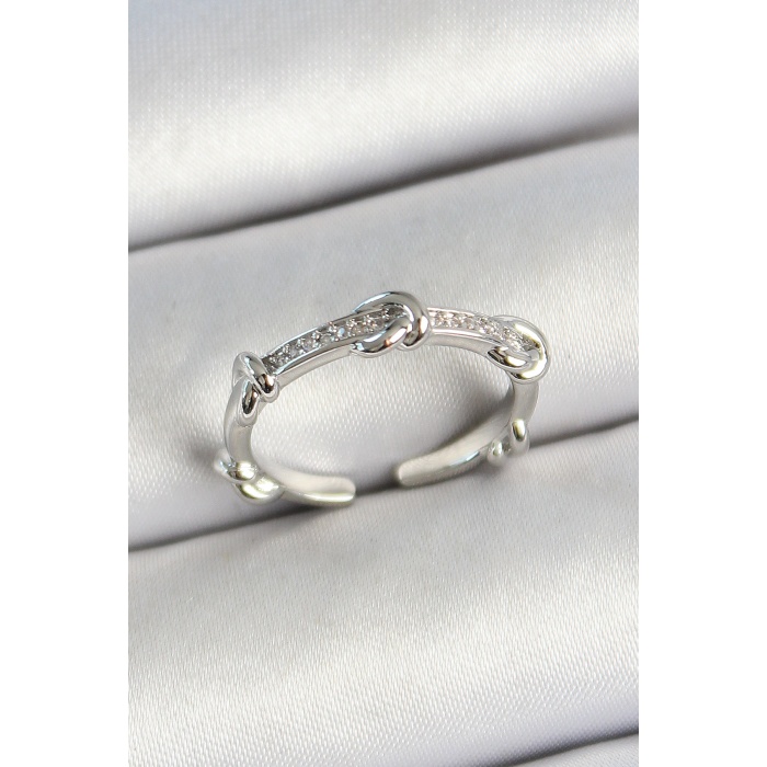 Pirinç Düğüm Figürlü Zirkon Taşlı Gümüş Renk Ayarlanabilir Kadın Yüzük -