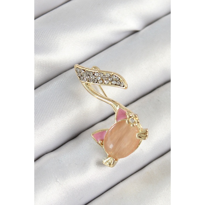 Zirkon Taşlı 3D Kedi Detaylı Nota Figürlü Gold Renk Kadın Broş -