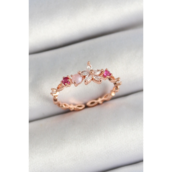 Pirinç Papatya Figürlü Zirkon Taşlı Rose Gold Renk Ayarlanabilir Kadın Yüzük - Lisinya